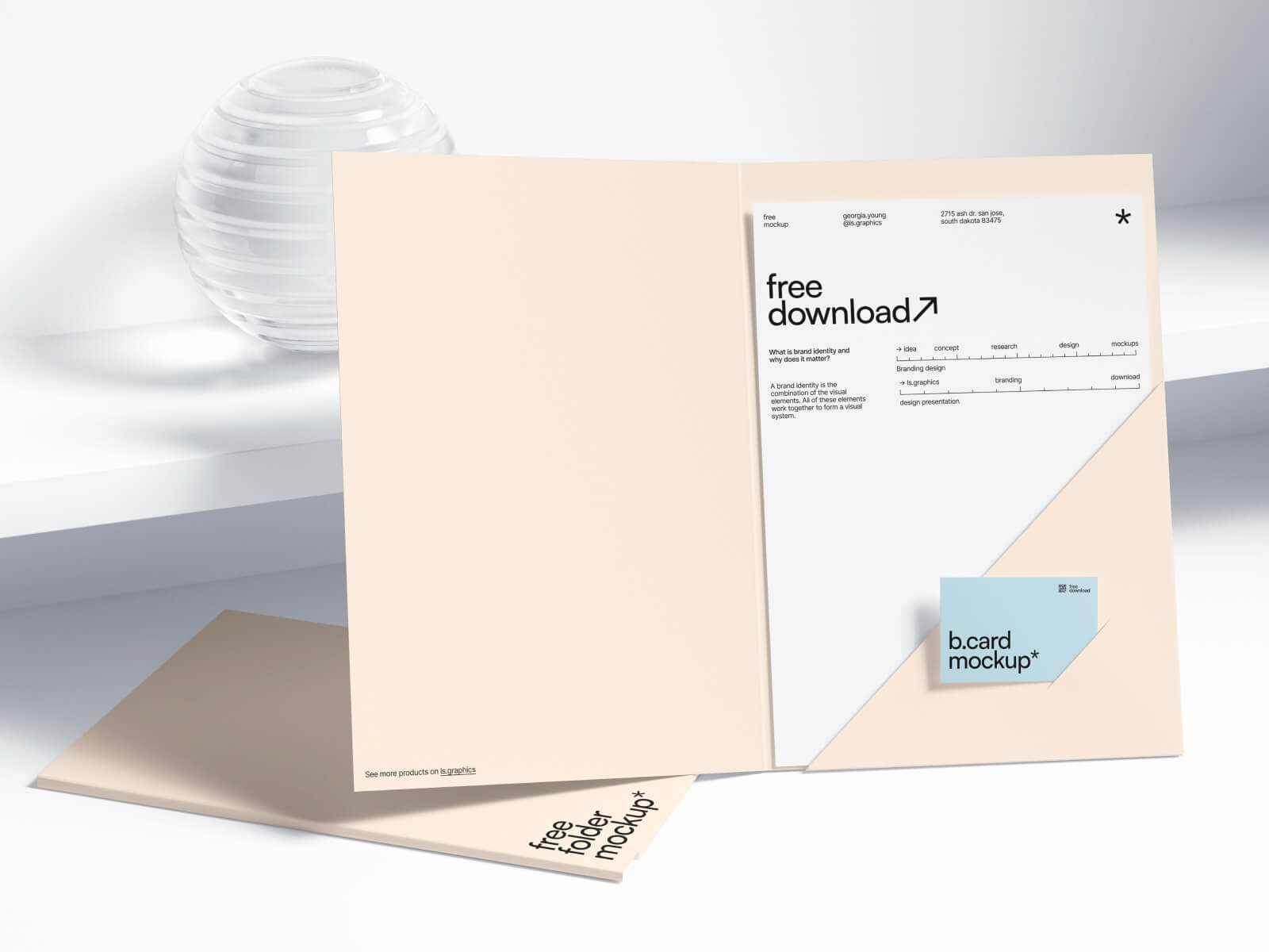 Free Folder and Paper with Business Card Mockup
