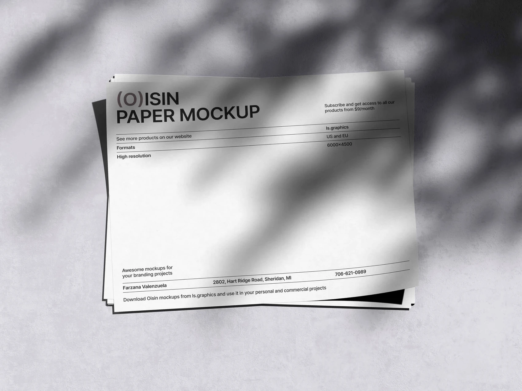 Oisin, Letterhead Mockup with Charming Shadows, US, 11 1