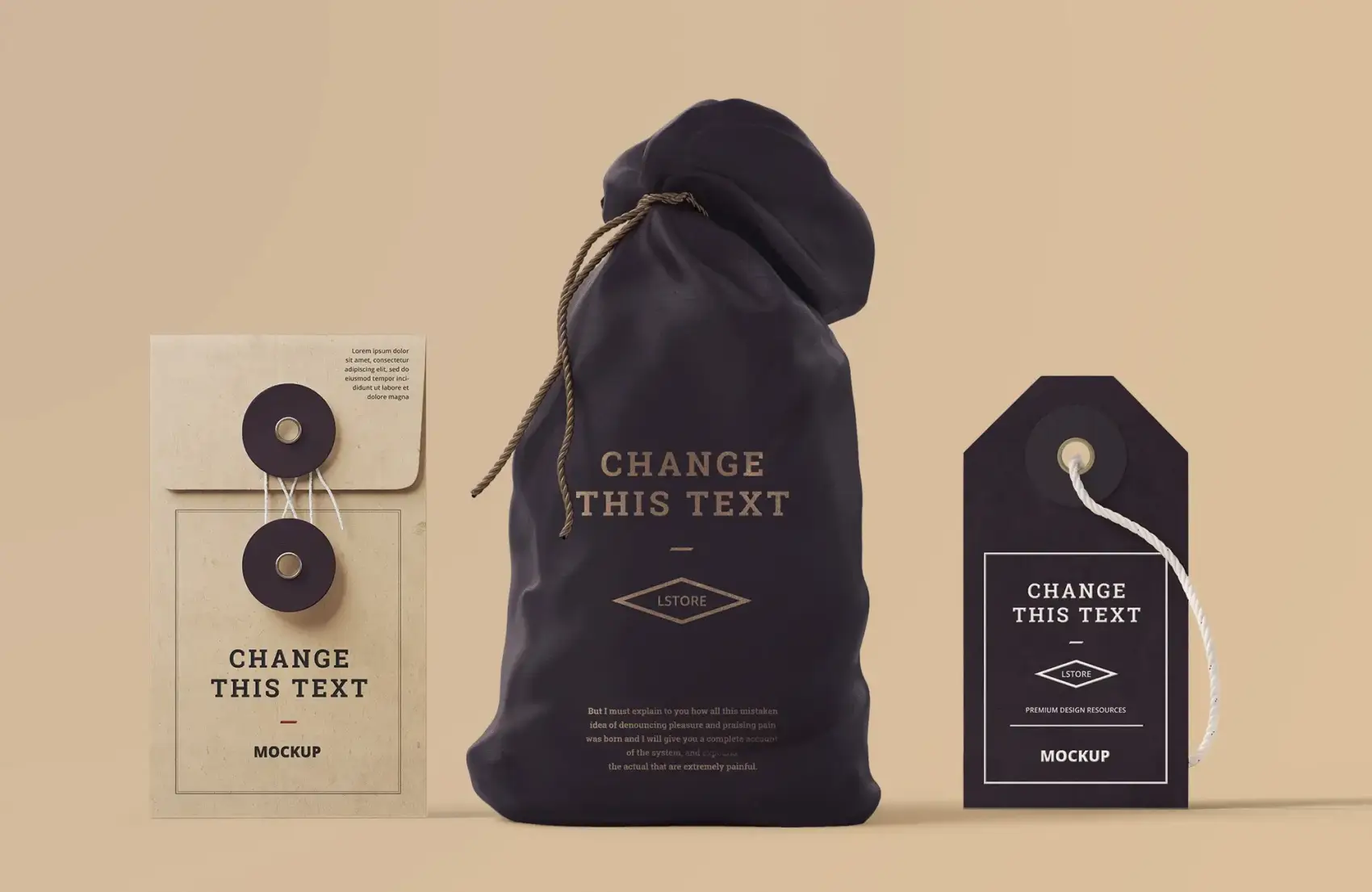 Bag, Box, Tag Mockups in front view 1