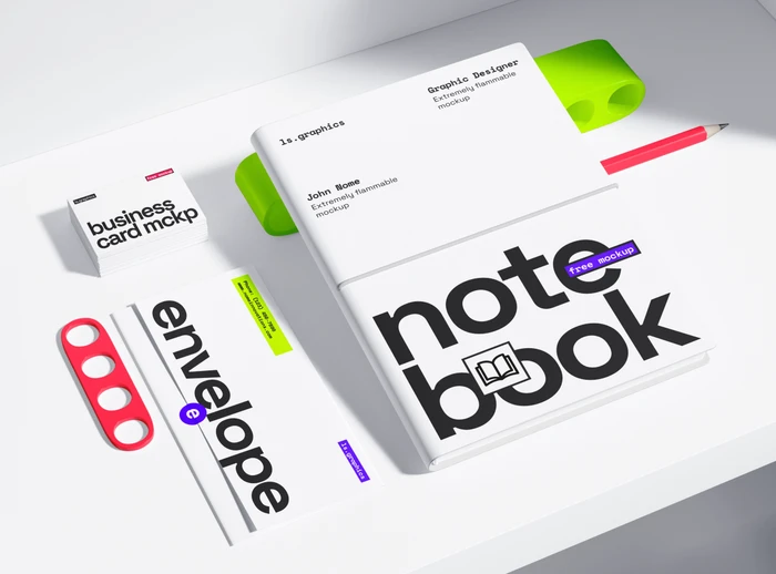 Free Notebook, Envelope and Business Card Mockup