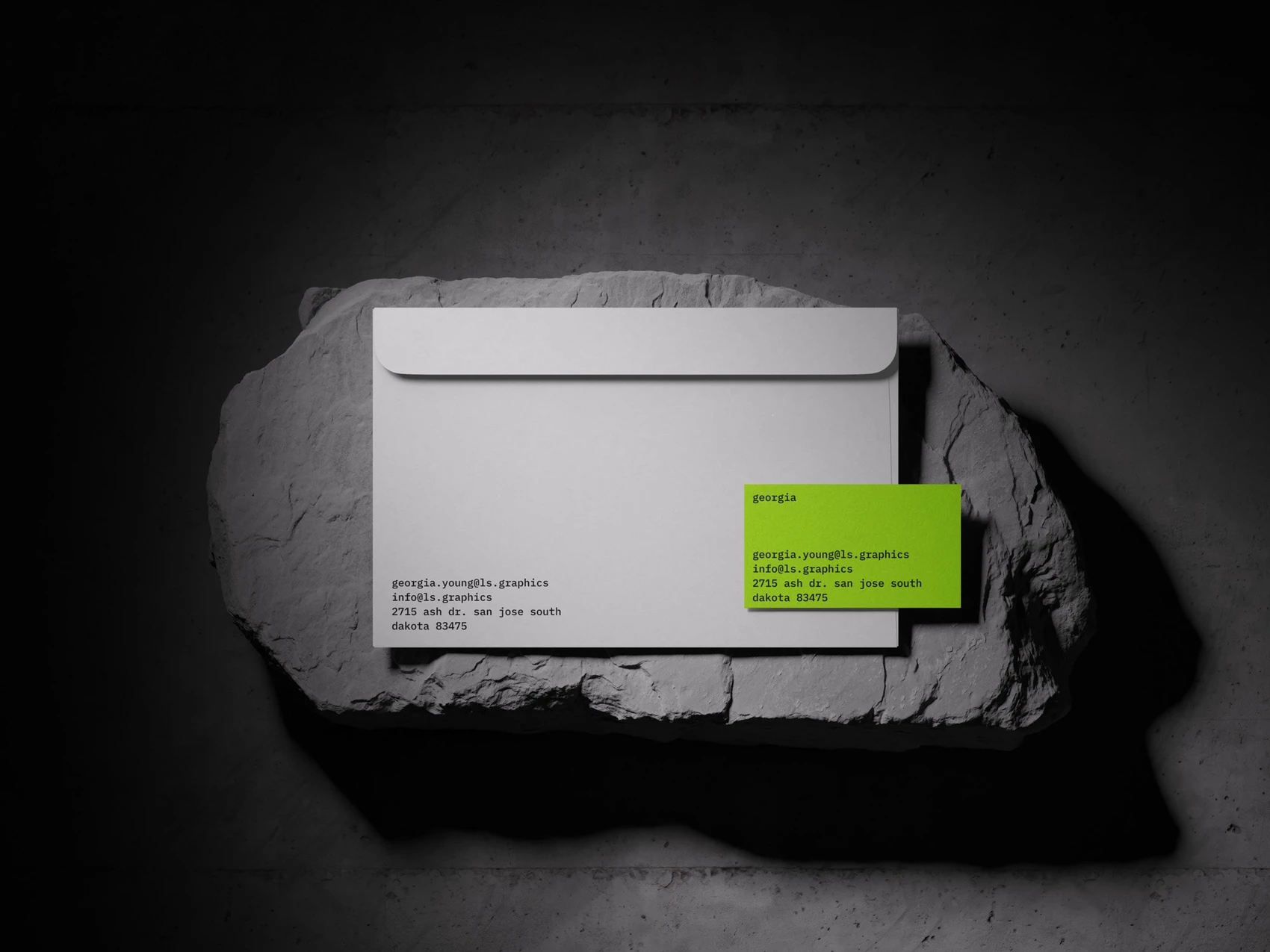 Luiro, Envelope Mockup and Business Card Mockup Lying on a Rock, US 02 1