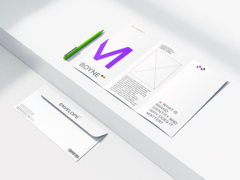 Boyne, Opened Brochure Mockup, Envelope Mockup and Pencil, EU, 15