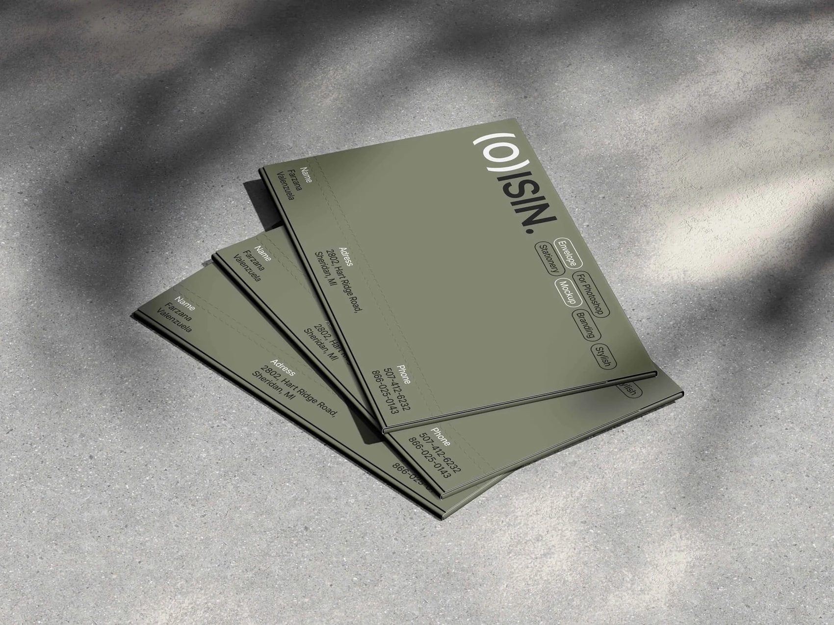 Oisin, Envelope Mockups in Perspective View, US, 06 1