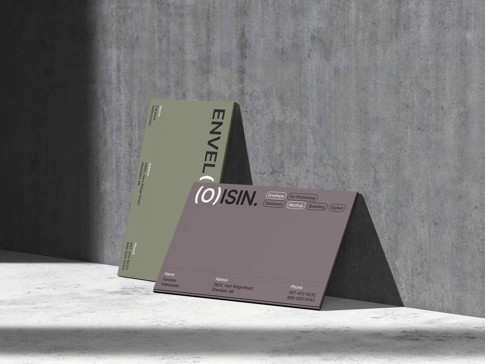 Oisin, Envelope Mockups in Minimalistic Environment, US, 09 1