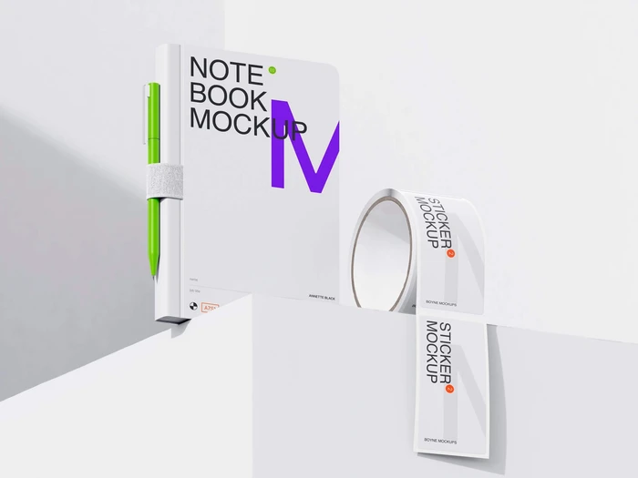 Boyne, Notepad Mockup and Sticker Mockups, EU, 02